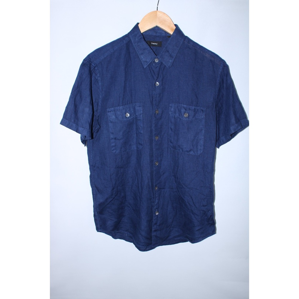 Theory Men's Small Blue Short Sleeve Linen Rilos Instrumental Light Shirt